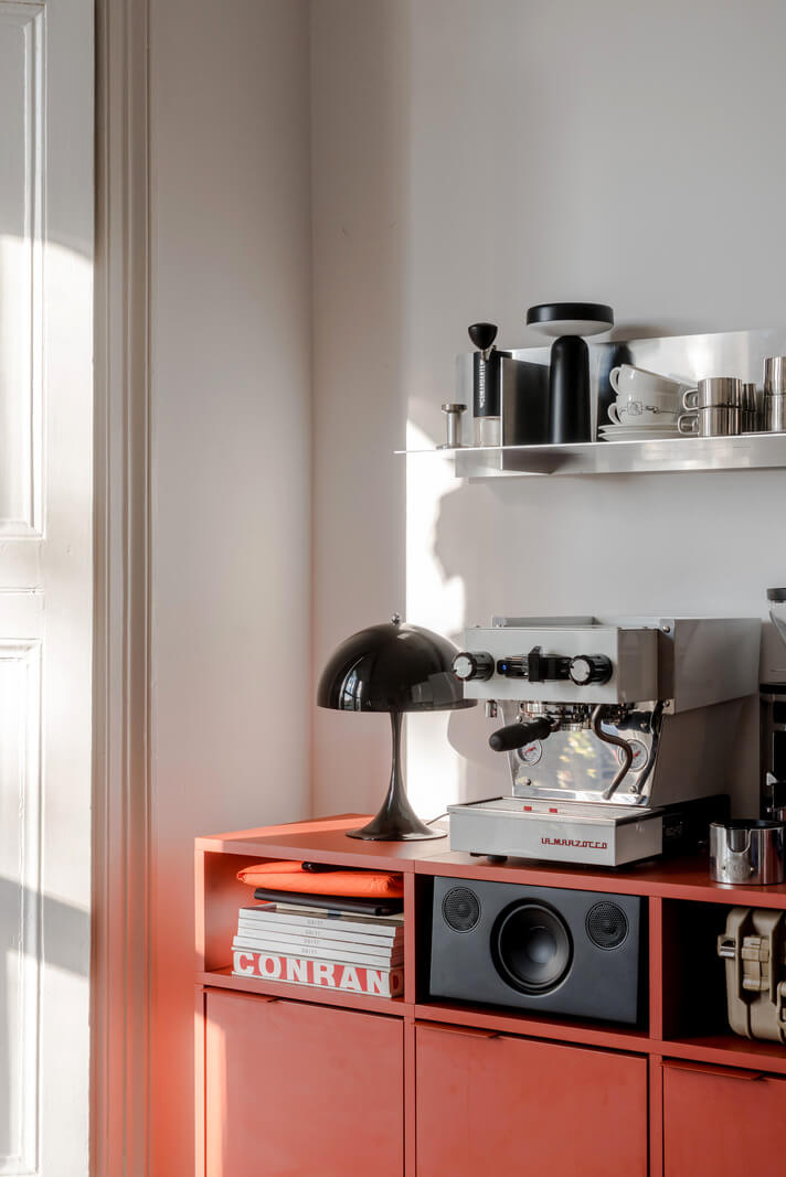 A Modern Apartment in a London Victorian House 6 coffee machine on red cabinet