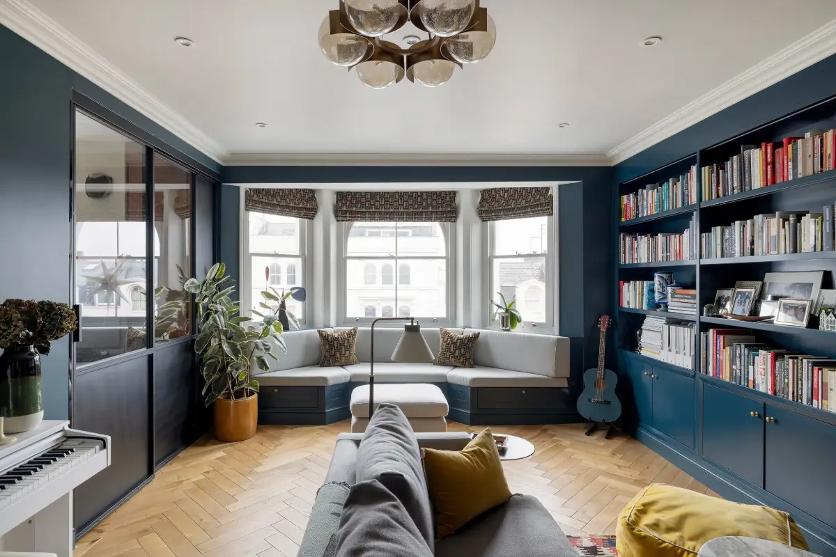 A Beautiful Duplex Apartment in a Notting Hill Townhouse 2 dark blue living room herringbone floor bay window