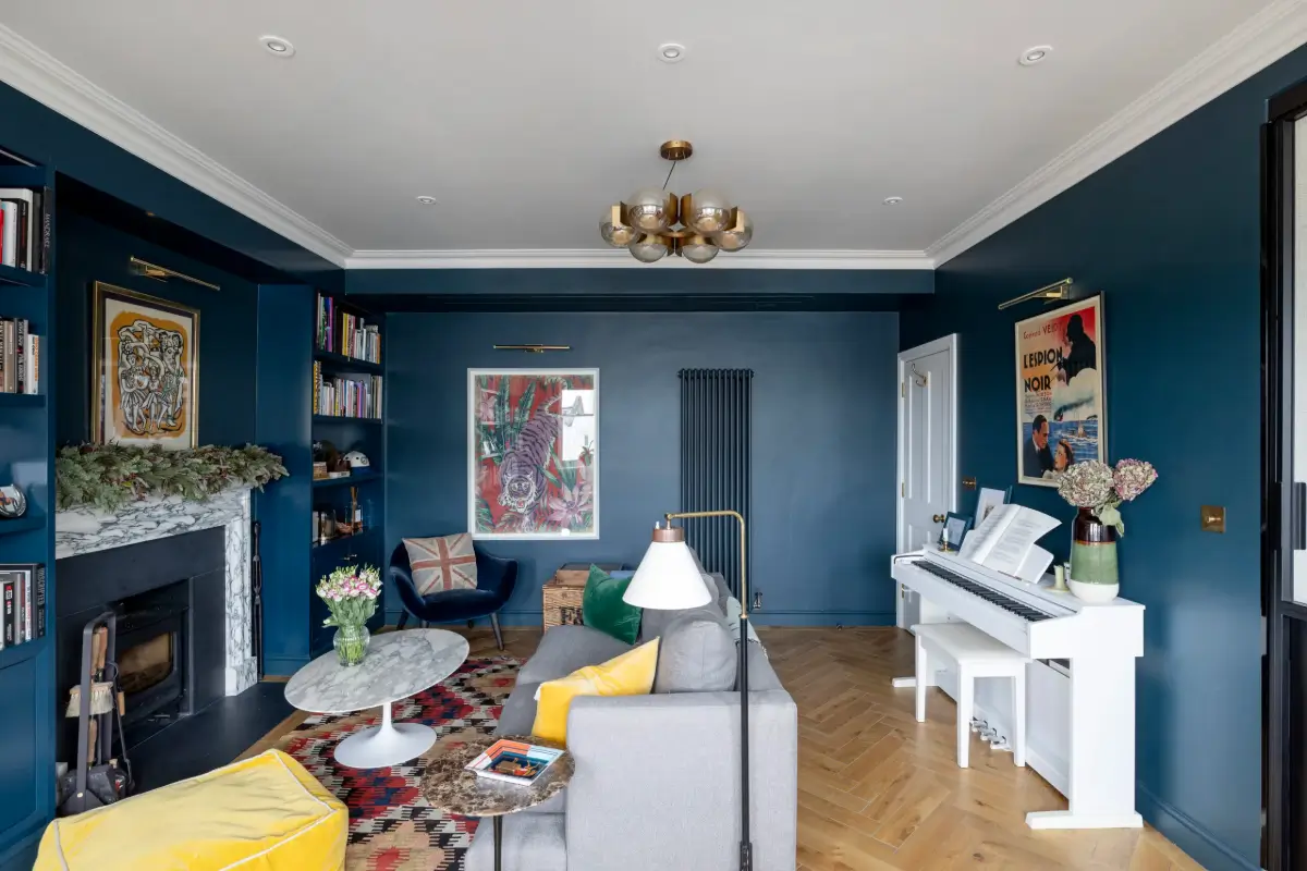 A Beautiful Duplex Apartment in a Notting Hill Townhouse 5 dark blue living room marble fireplace