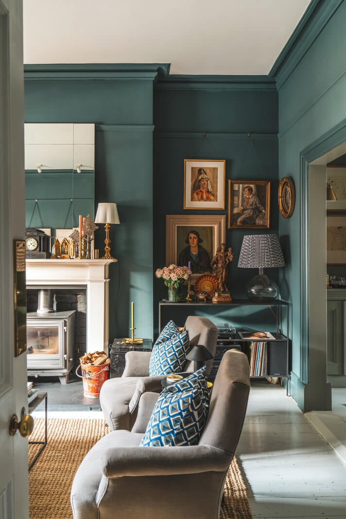 A Renovated Georgian Townhouse with a Stunning Kitchen Extension 3 dark blue living room with fireplace