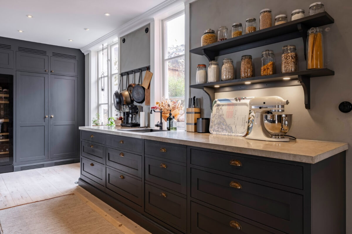 A Renovated 19th-Century Villa on Gotland 3 dark kitchen with shelves