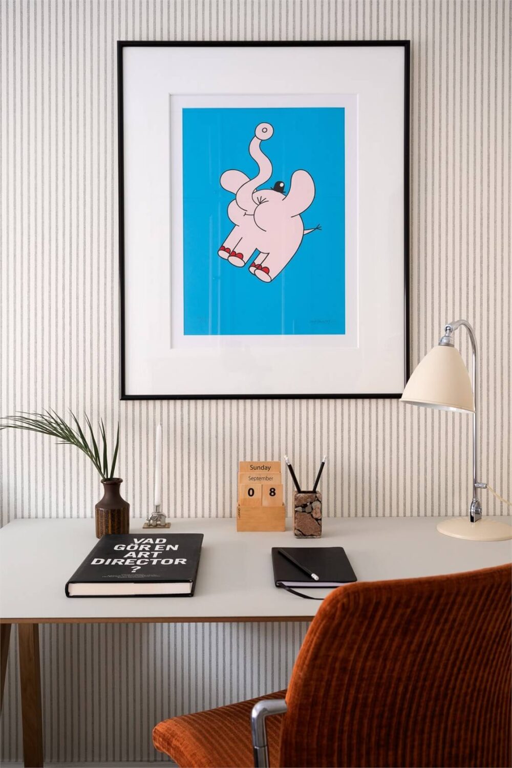 A Light-Filled Two Bedroom Apartment in Stockholm 17 desk striped wallpaper