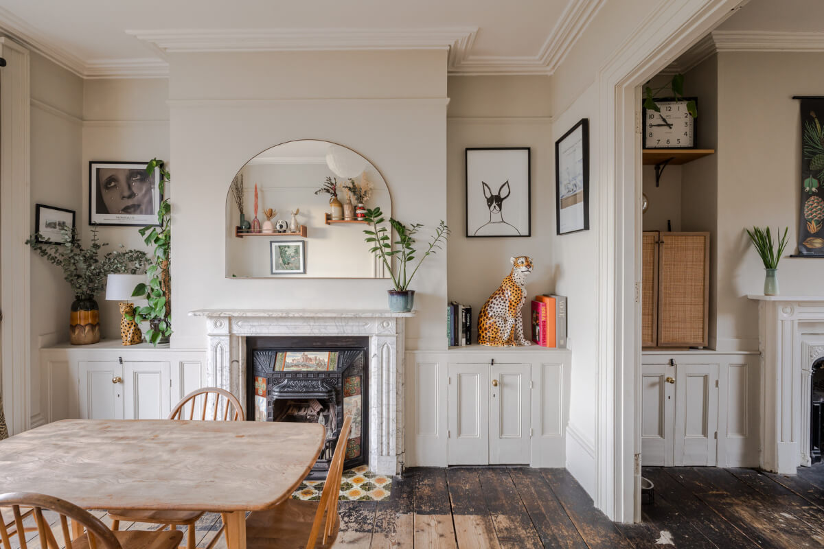 Timeworn Original Floorboards in a Regency Seaside Home 2 dining room beige walls fireplace