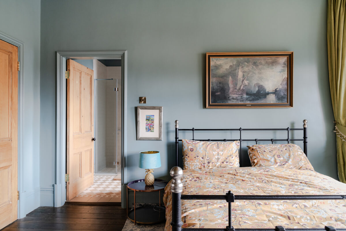 A Grand Victorian Villa in Manchester with Bold Interiors 19 dove blue bedroom