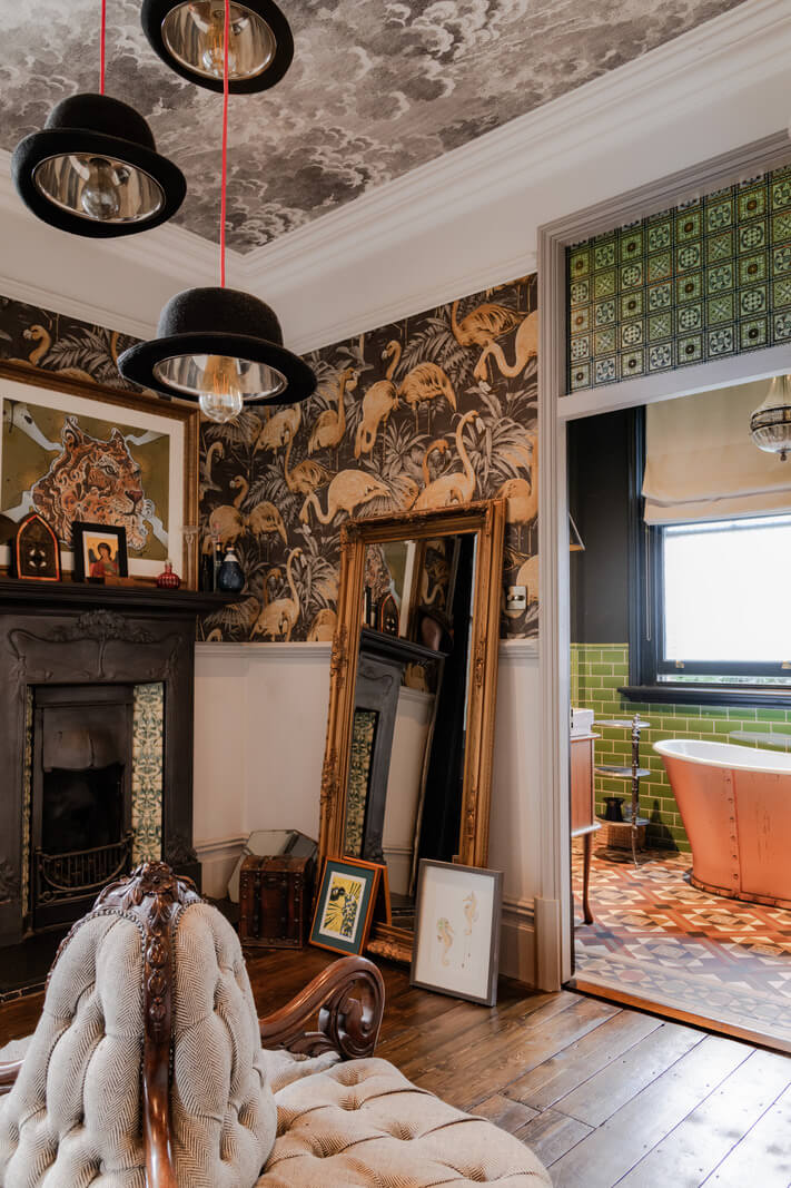 A Grand Victorian Villa in Manchester with Bold Interiors 25 dressing room with fireplace and wallpaper nordroom