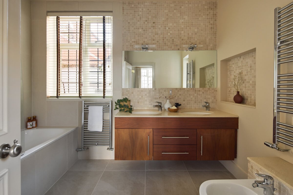 A Stunning Victorian House with Period Features and Surprising Spaces 21 ensuite bathroom double sink wooden vanity