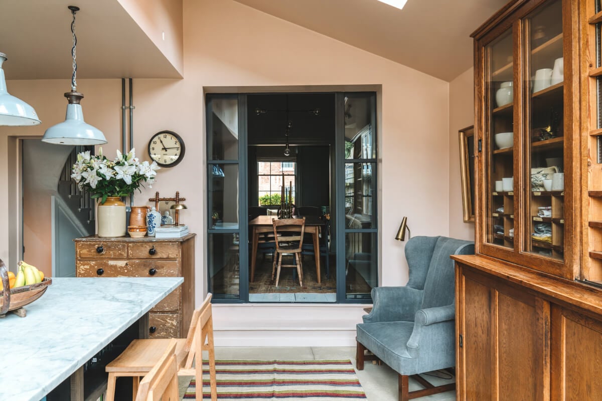 A Renovated Georgian Townhouse with a Stunning Kitchen Extension 15 extended kitchen slanted ceiling