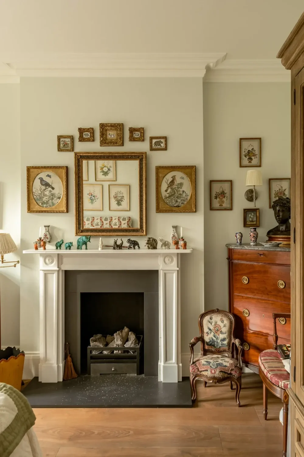 Classic Interiors and Antiques in an Art-Filled London Apartment 11 fireplace and art in antique frames