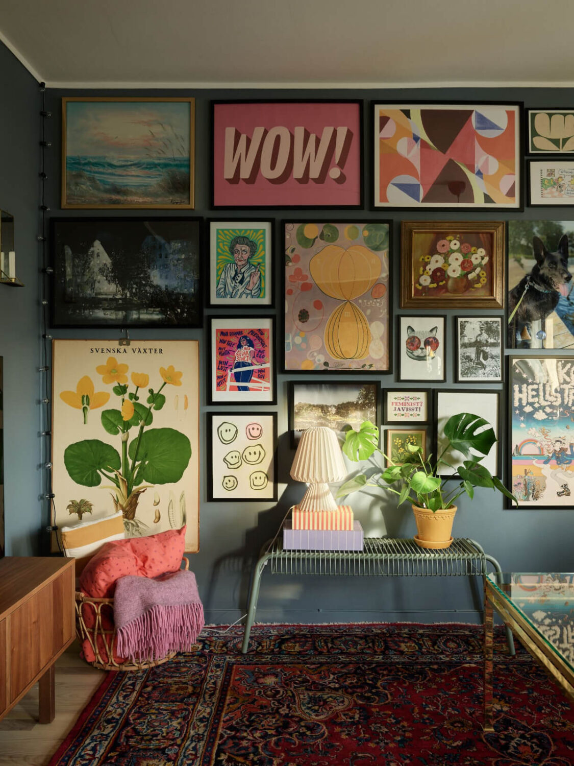 A Colorful Midcentury Apartment Filled with Art and Plants 4 gallery wall persian rug