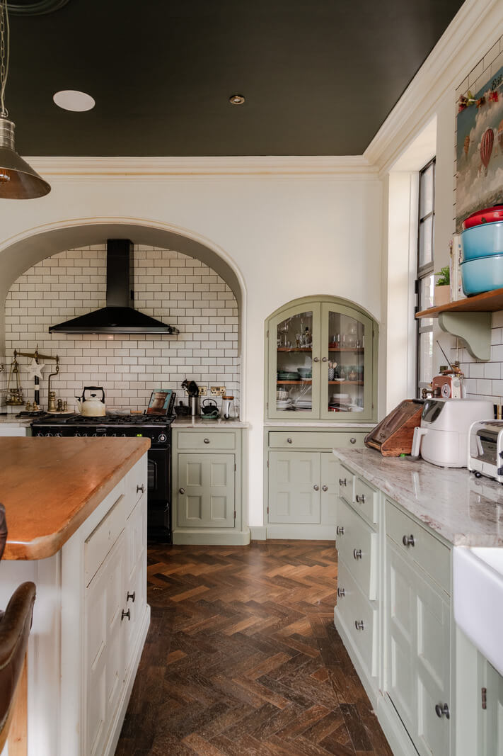 A Grand Victorian Villa in Manchester with Bold Interiors 8 grand kitchen black ceiling parquet floor nordroom