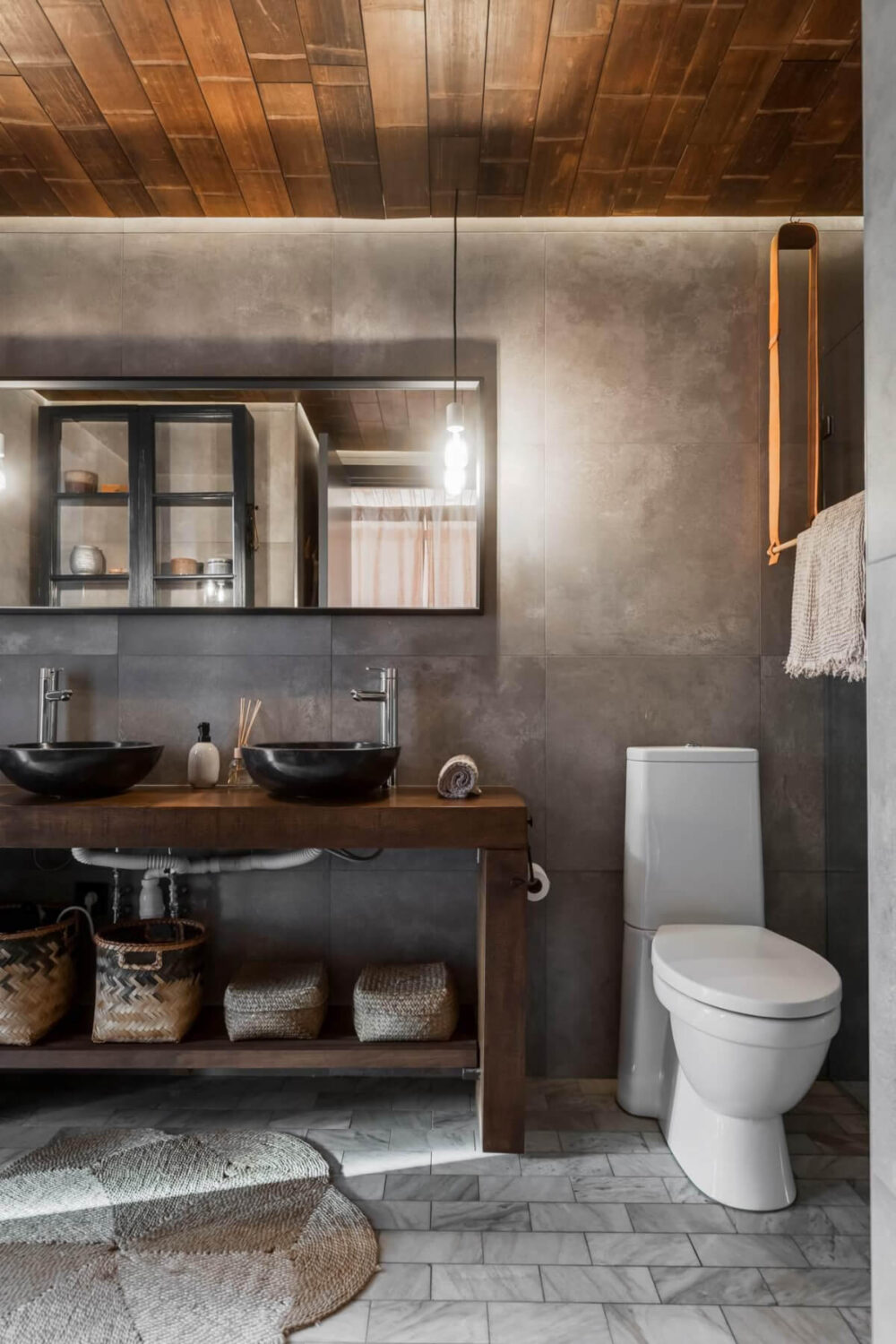A Swedish Architectural Villa Surrounded by Nature 14 gray bathroom wooden ceiling double sinks