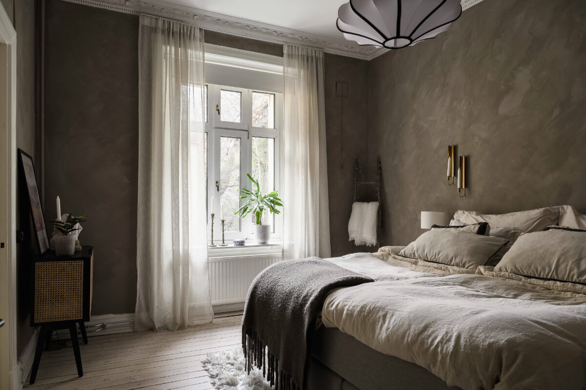 Limewash Wall and Period Features in a Swedish Apartment 16 gray bedroom wooden floor large window