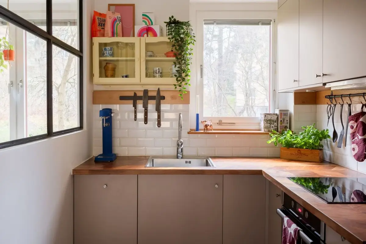 A Swedish Apartment with a Dutch Parquet Floor and Terracotta Bedroom 9 gray kitchen wooden countertop