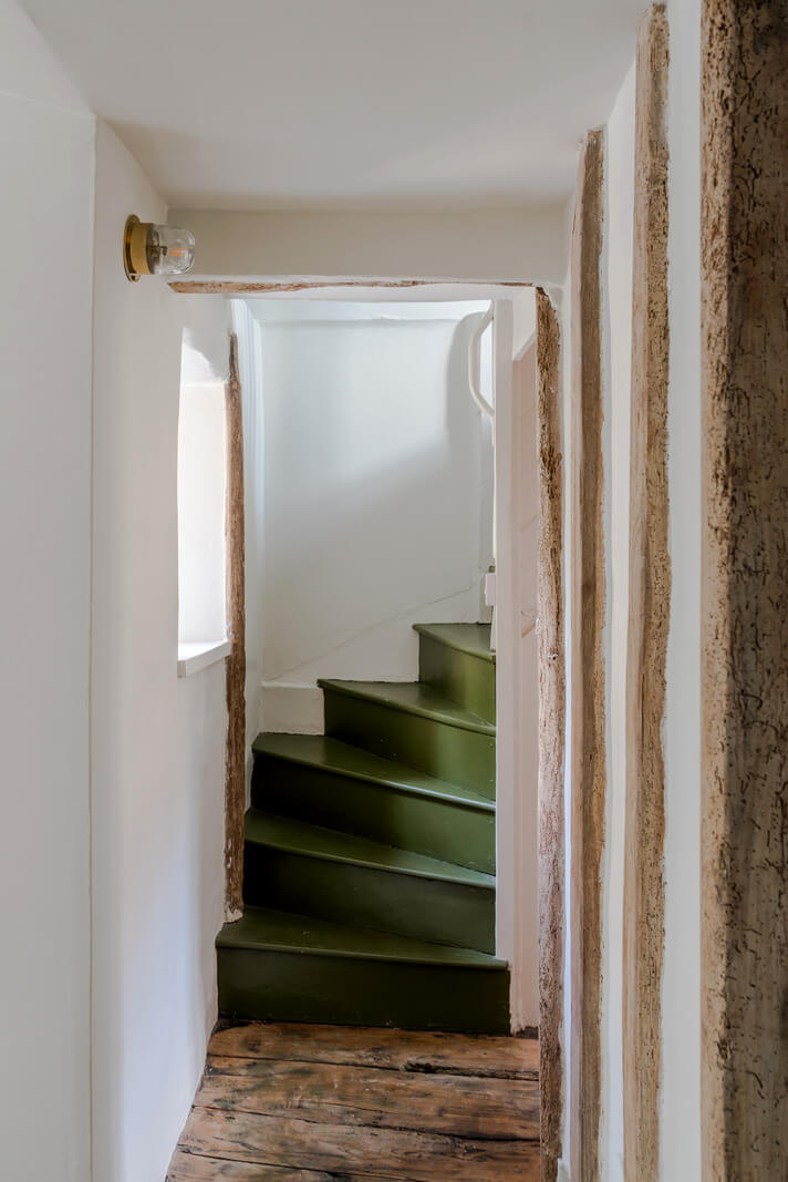 A Carefully Selected Color Palette in an 18th-Century English Cottage 14 green staircase