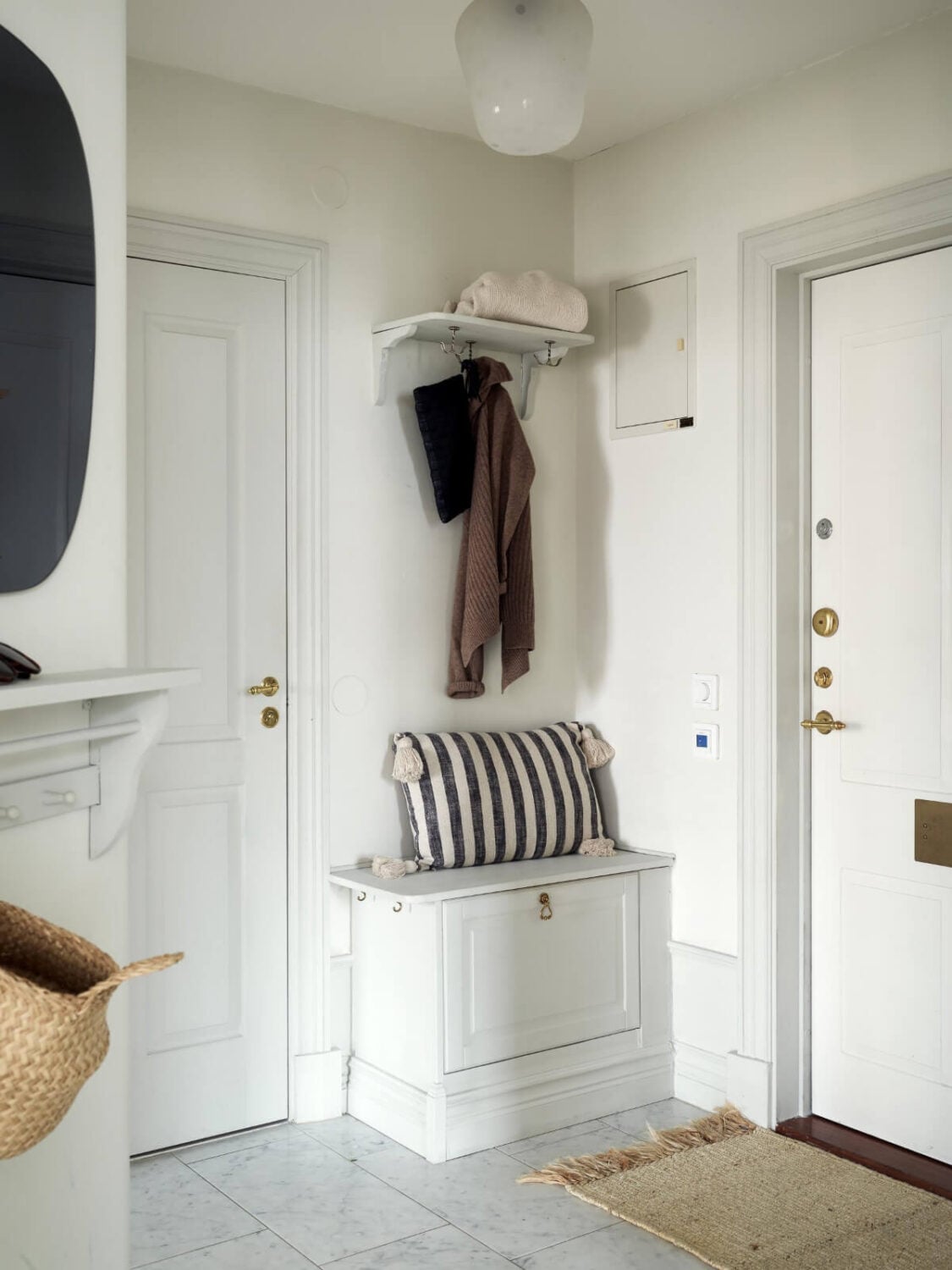 A Light Scandi Apartment in a Former Stately Home 24 hall with small bench and shelf A Light Scandi Apartment in a Former Stately Home