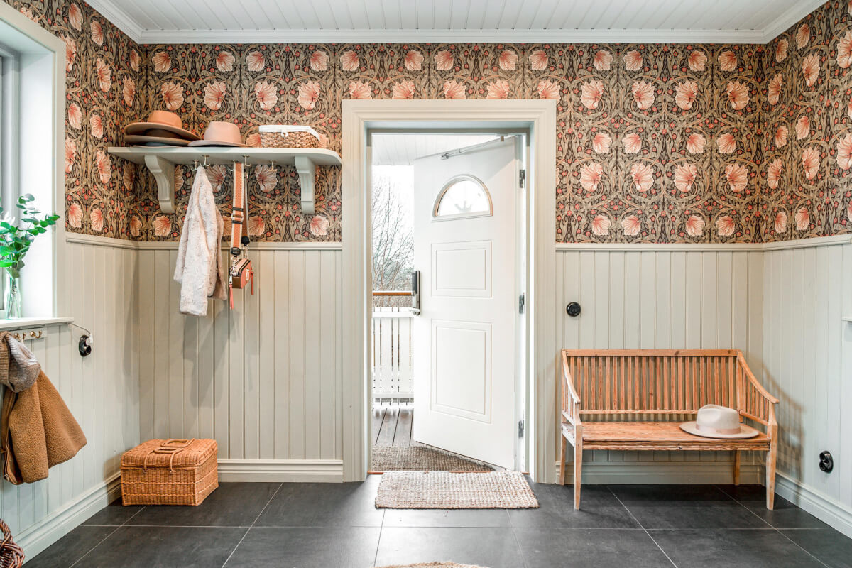 A Charming Home with Lake Views South of Stockholm 14 hallway stone floor william morris wallpaper
