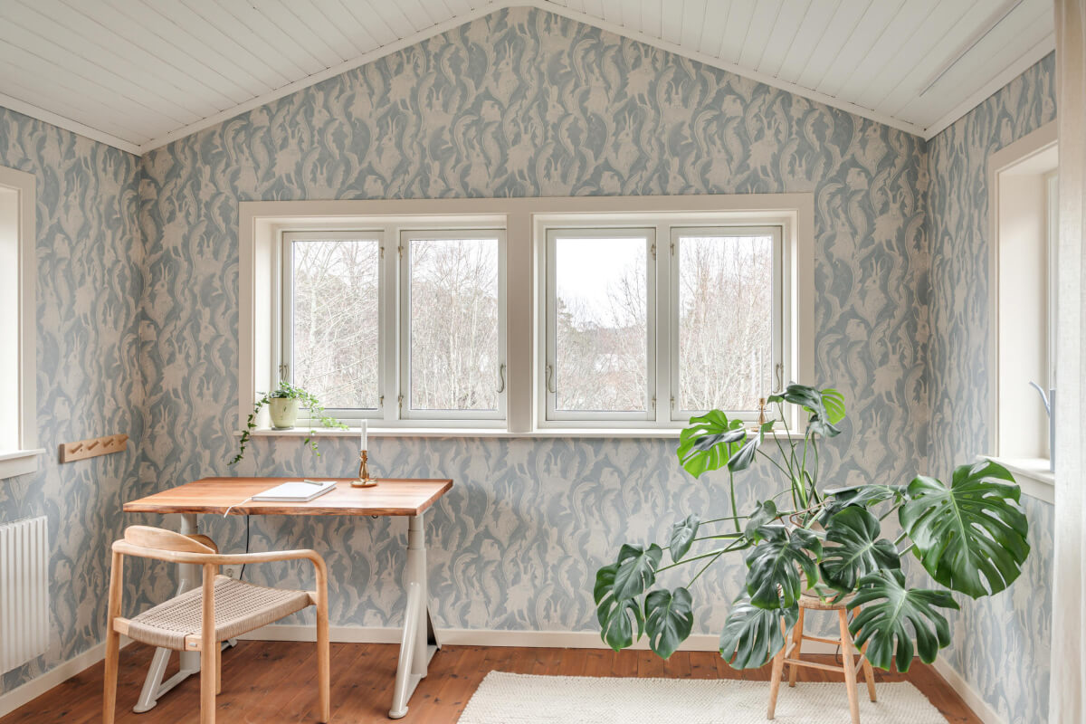 A Charming Home with Lake Views South of Stockholm 19 home office blue wallpaper
