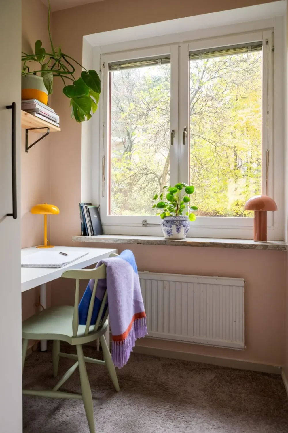 A Swedish Apartment with a Dutch Parquet Floor and Terracotta Bedroom 16 home office light pink walls