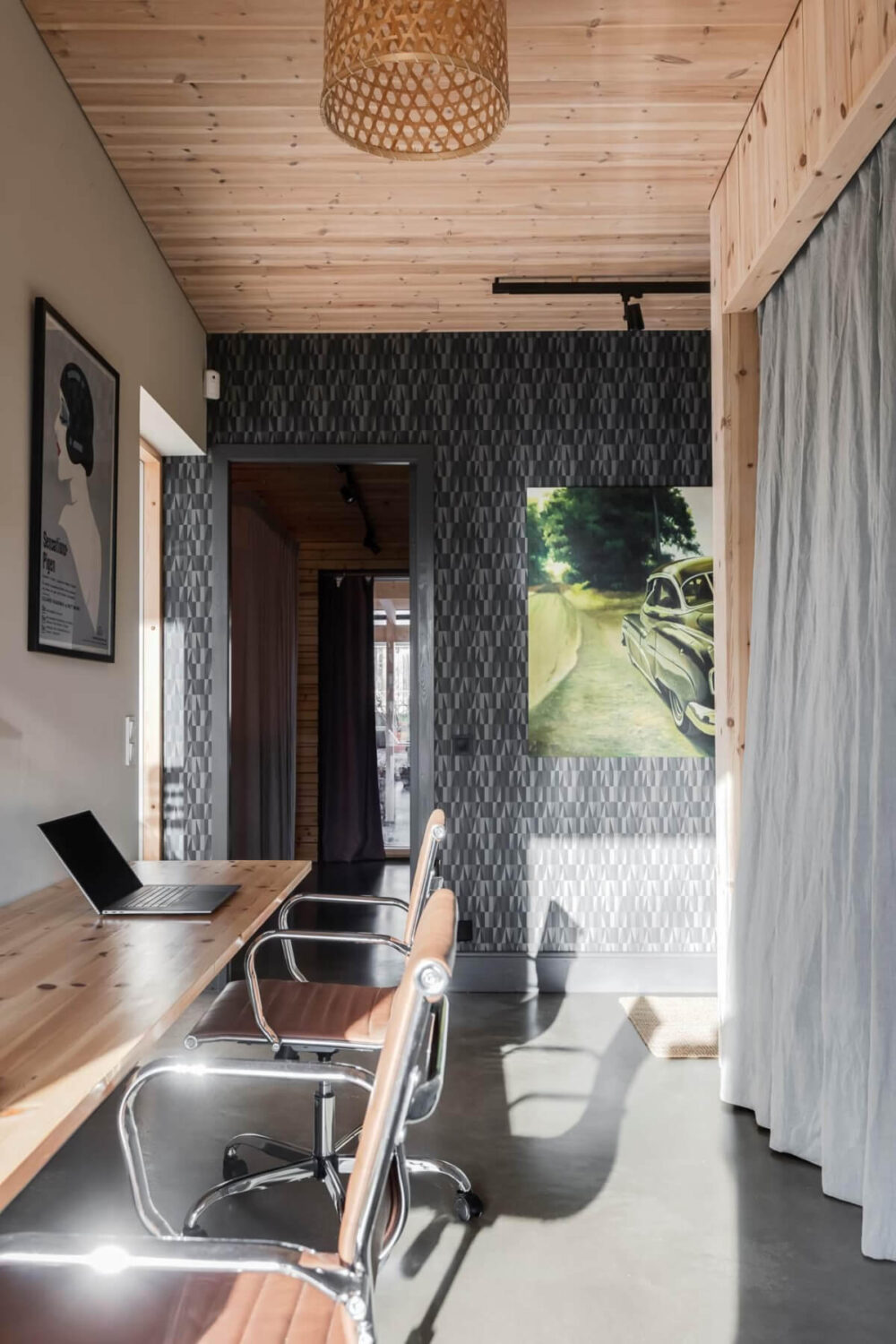 A Swedish Architectural Villa Surrounded by Nature 18 home office wooden ceiling double desk