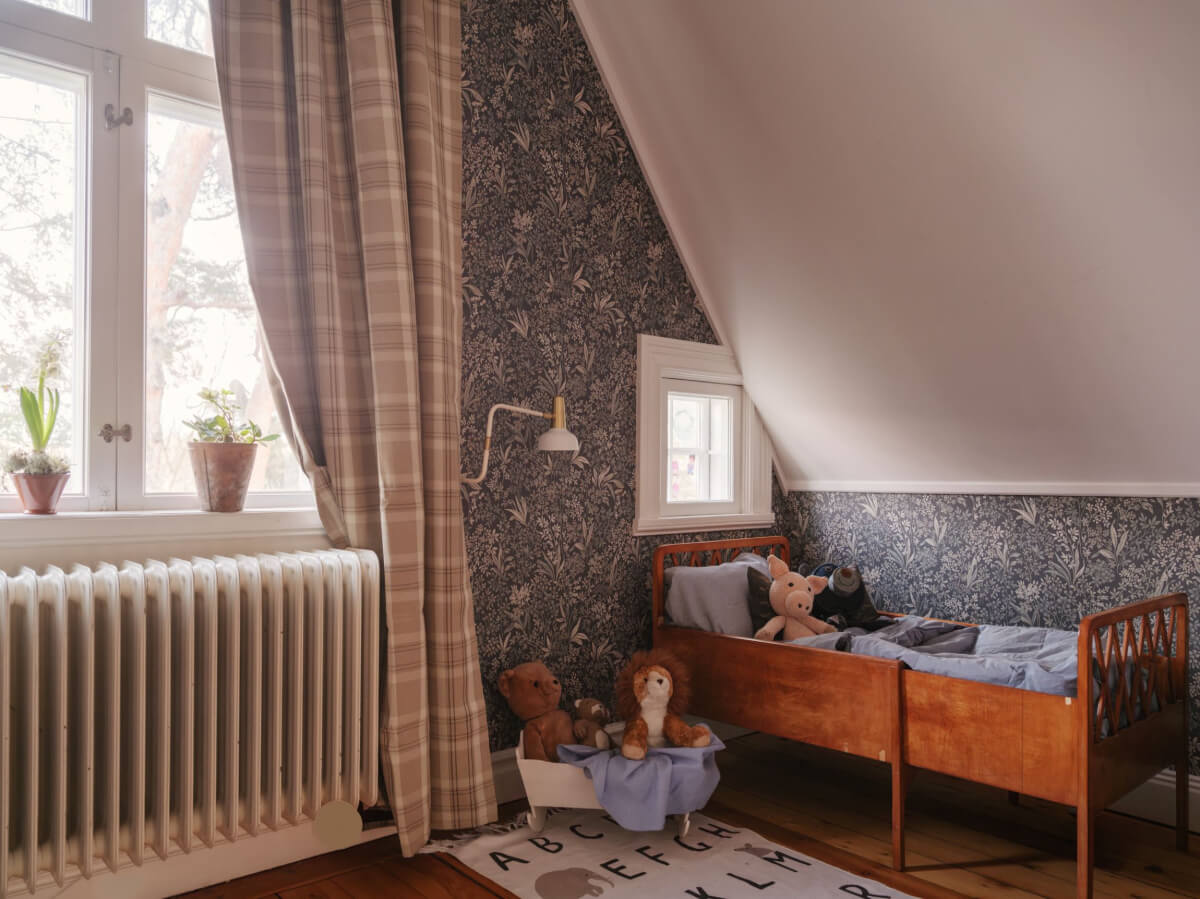 A Beautiful Turn-of-the-Century Family Home in Sweden 43 kids bedroom wallpaper vintage wooden bed