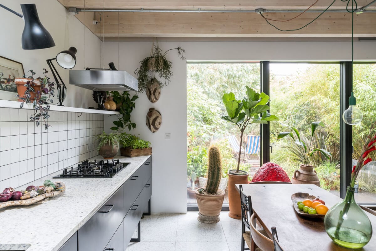 A Unique House in London with Plant-Filled Interiors and a Lush Garden 7 kitchen large windows lush garden