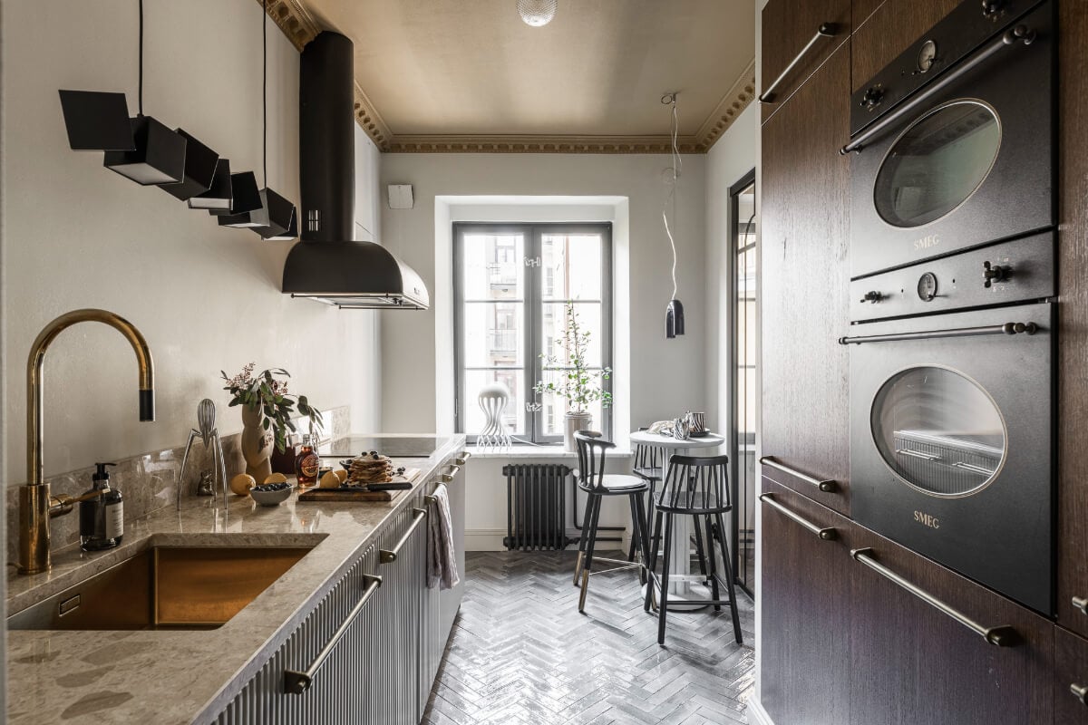 A Swedish Apartment with Exclusive Materials and Monochrome Color Scheme 7 kitchen painted ceiling