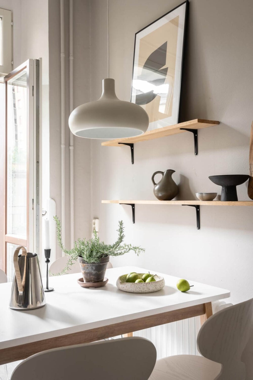 A Serene Studio Apartment with a Loft Bed and a Large Balcony 16 kitchen table with shelves