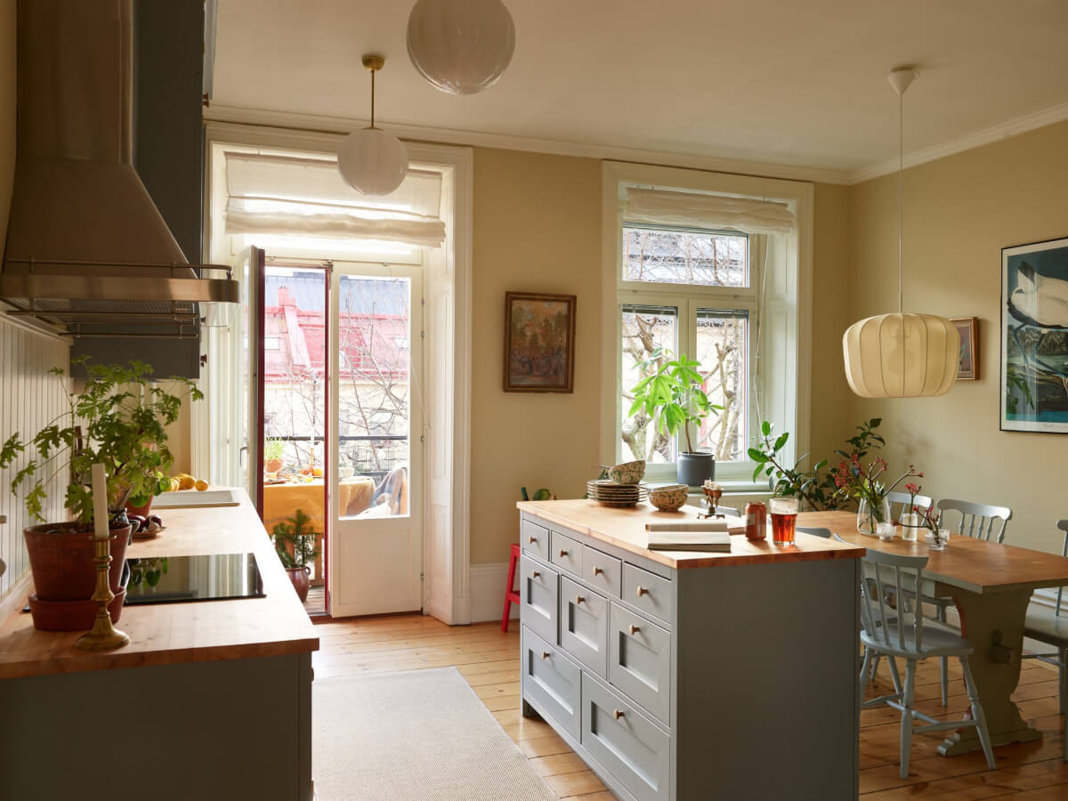kitchen with island and dining table