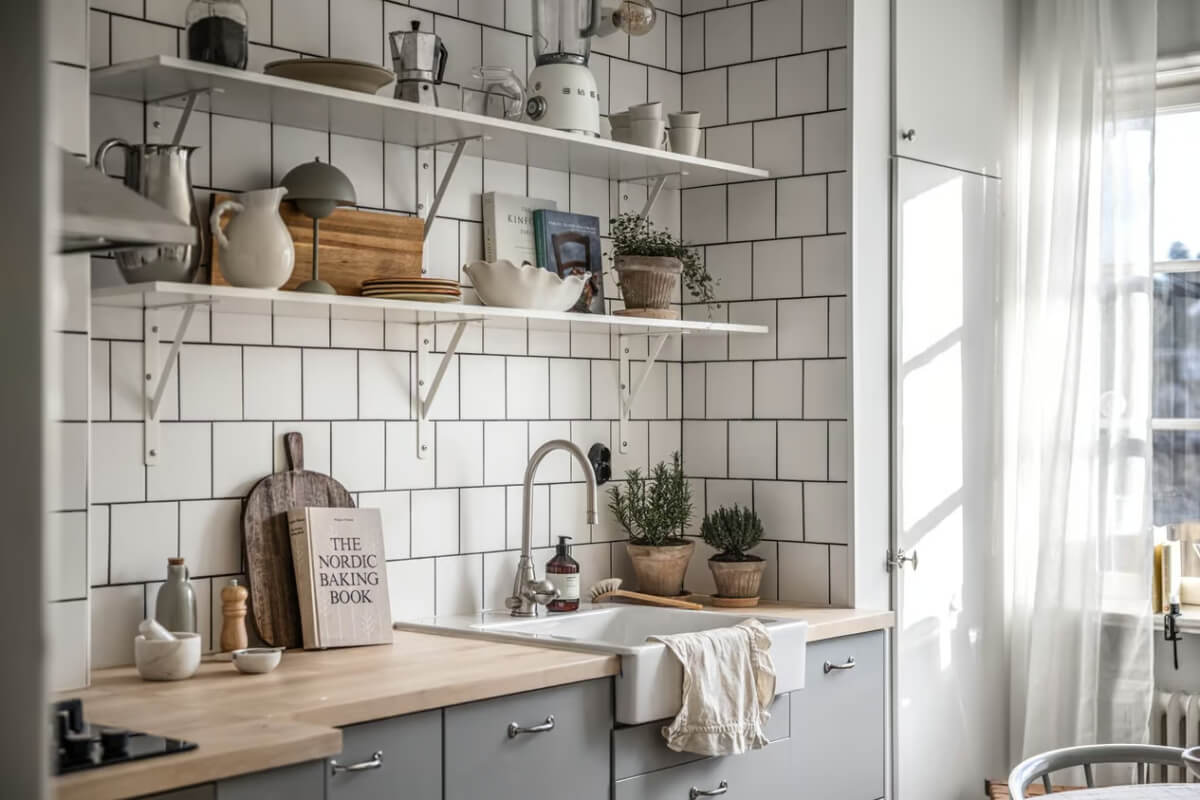 A Beige Studio Apartment with a Bright Kitchen 7 kitchen wooden countertop white tiles shelves