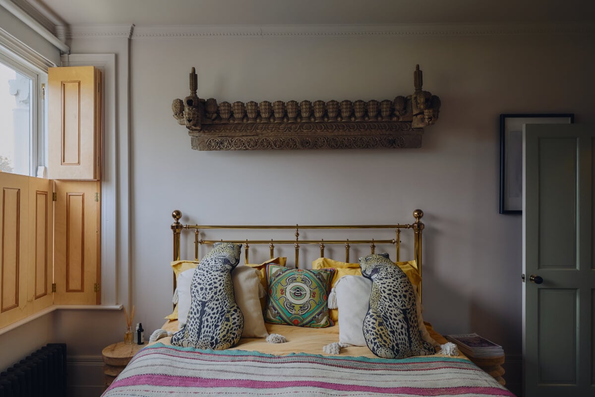 A London Edwardian House with a Light-Filled Kitchen Extension 19 light gray bedroom wooden shutters boho textiles