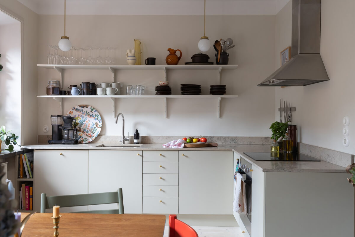 Modern Interiors in a Bright 1930s Apartment in Sweden 5 light kitchen with shelves