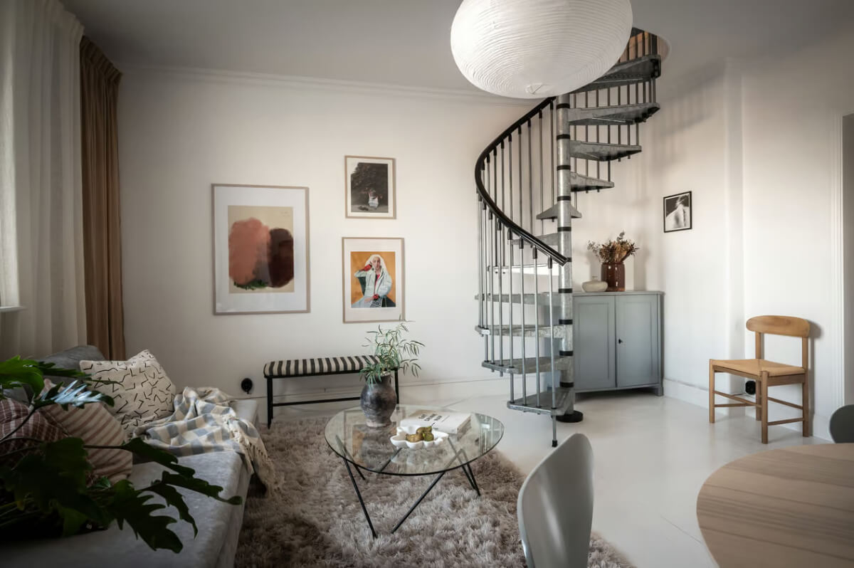 A Duplex Apartment with Period Features and a Charming Attic Bedroom 1 light scandi living room spiral staircase