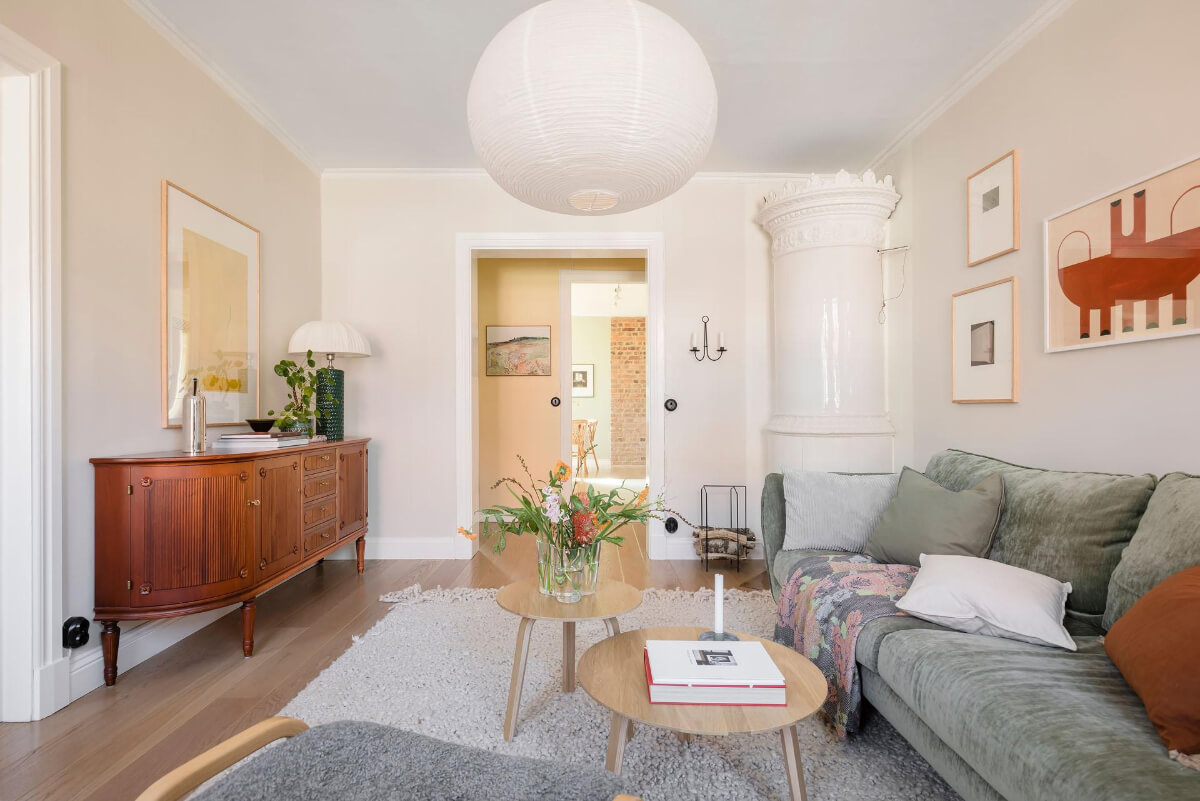 Bright Rooms with Light Color Tones in a Swedish Apartment 6 light sitting room corner fireplace