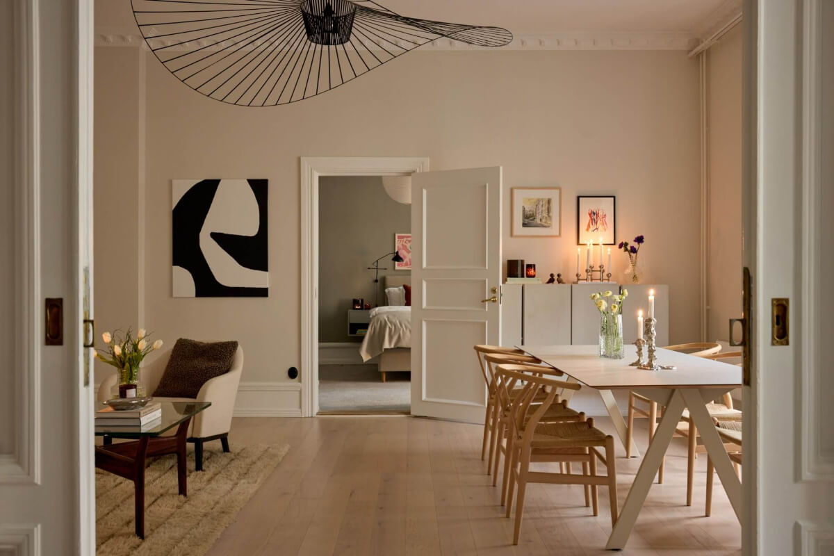 An Elegant Apartment with Period Features and Contemporary Elements 2 living room beige wall stucco