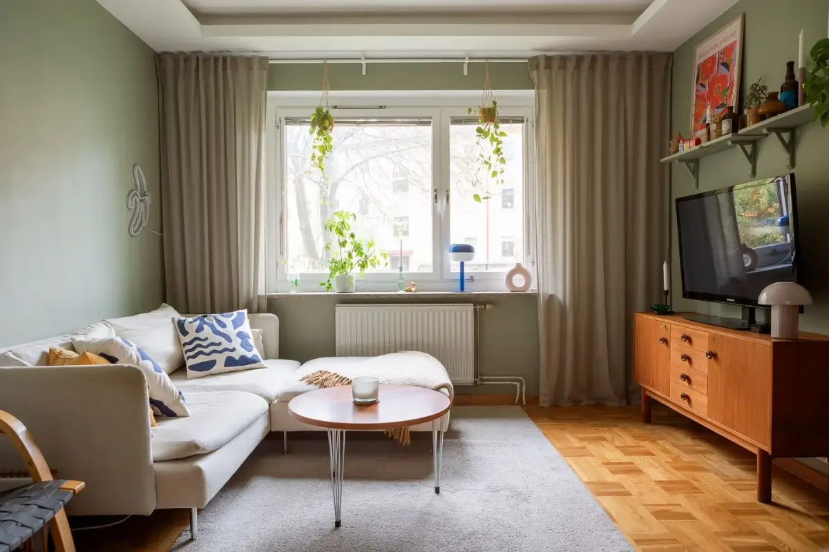 A Swedish Apartment with a Dutch Parquet Floor and Terracotta Bedroom 2 living room sage green walls