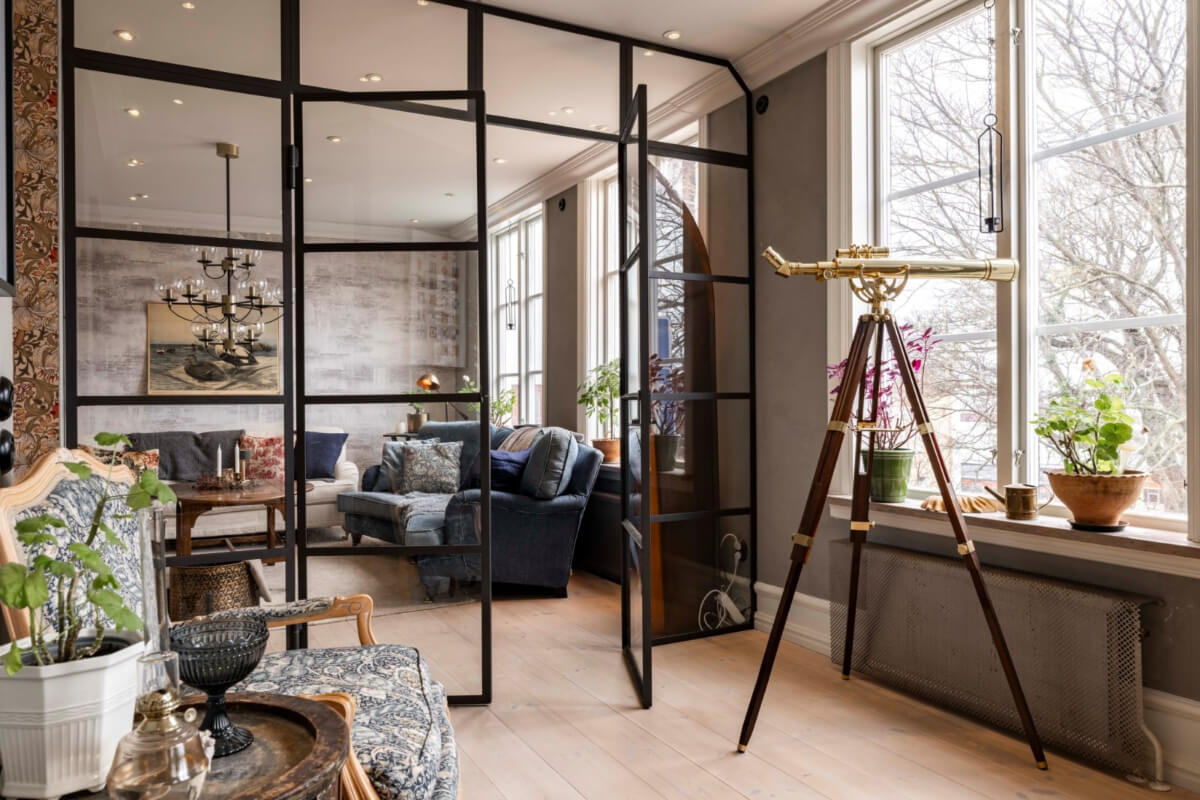 A Renovated 19th-Century Villa on Gotland 11 living room steel framed glass doors