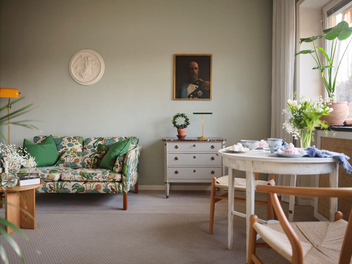 A Small Stockholm Apartment with a Tiny Green Bedroom 6 living room with classic touches