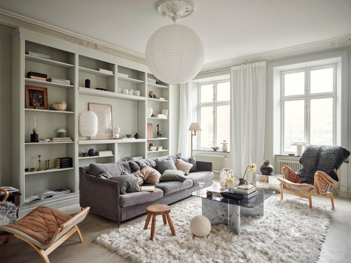living room with custom bookcases