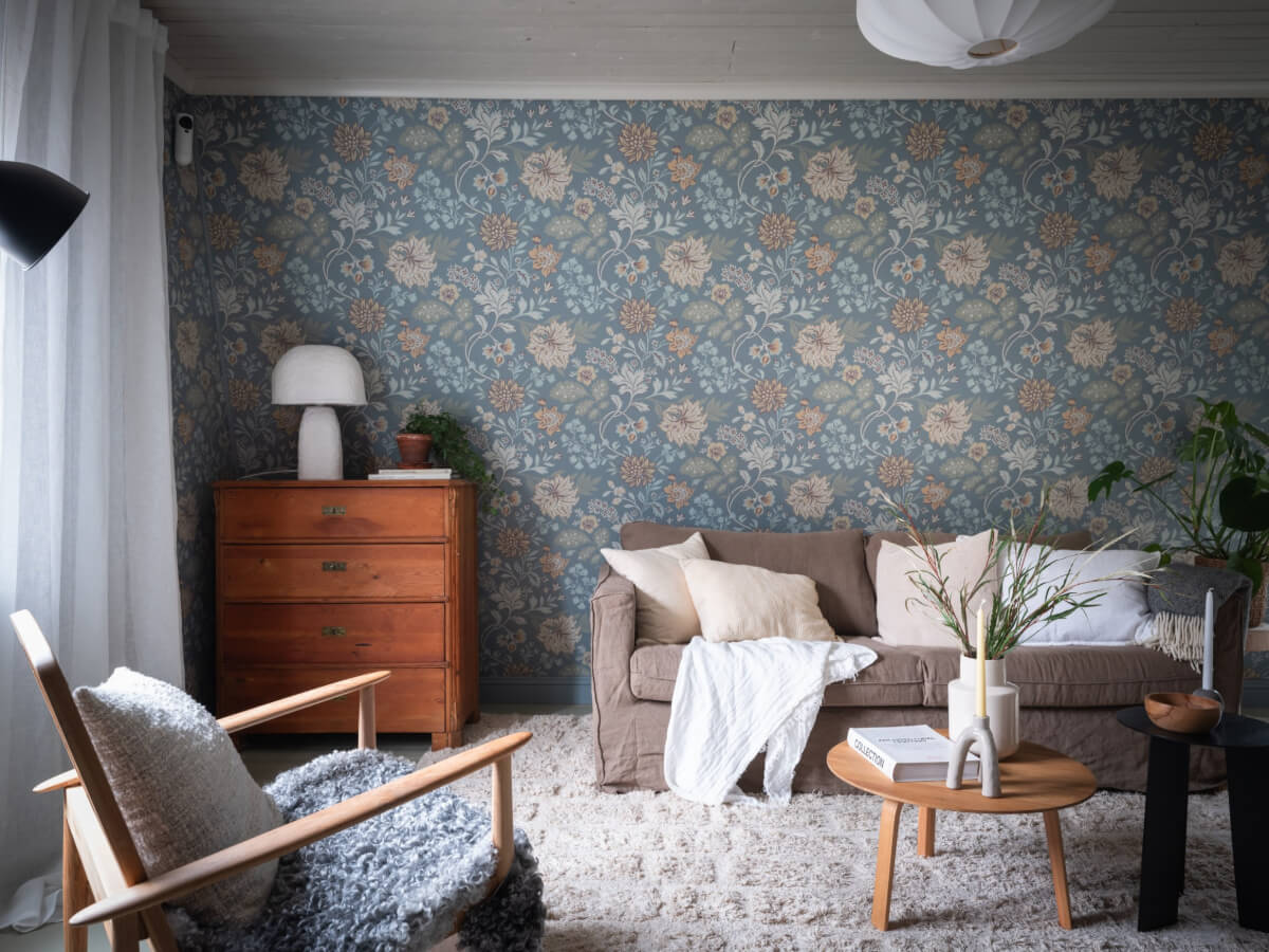 A Carefully Renovated Family Home in Sweden 2 living room with floral wallpaper