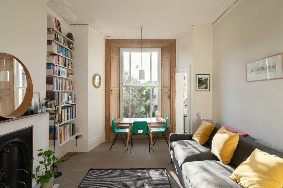 A Light One-Bedroom Apartment in a Victorian Terrace House 1 living room wooden bay window