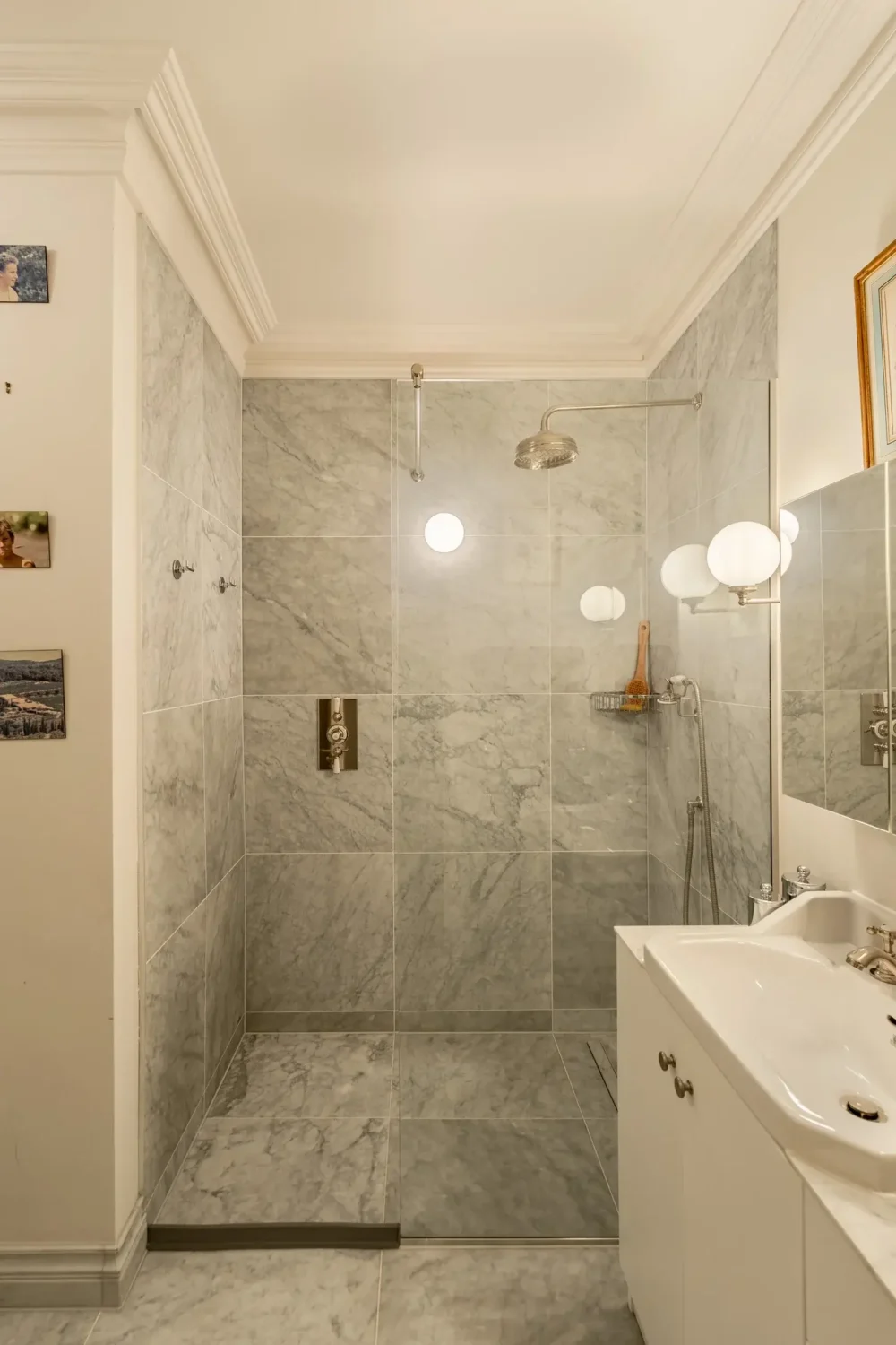 Classic Interiors and Antiques in an Art-Filled London Apartment 12 marble tiles walk in shower Classic Interiors and Antiques in an Art-Filled London Apartment