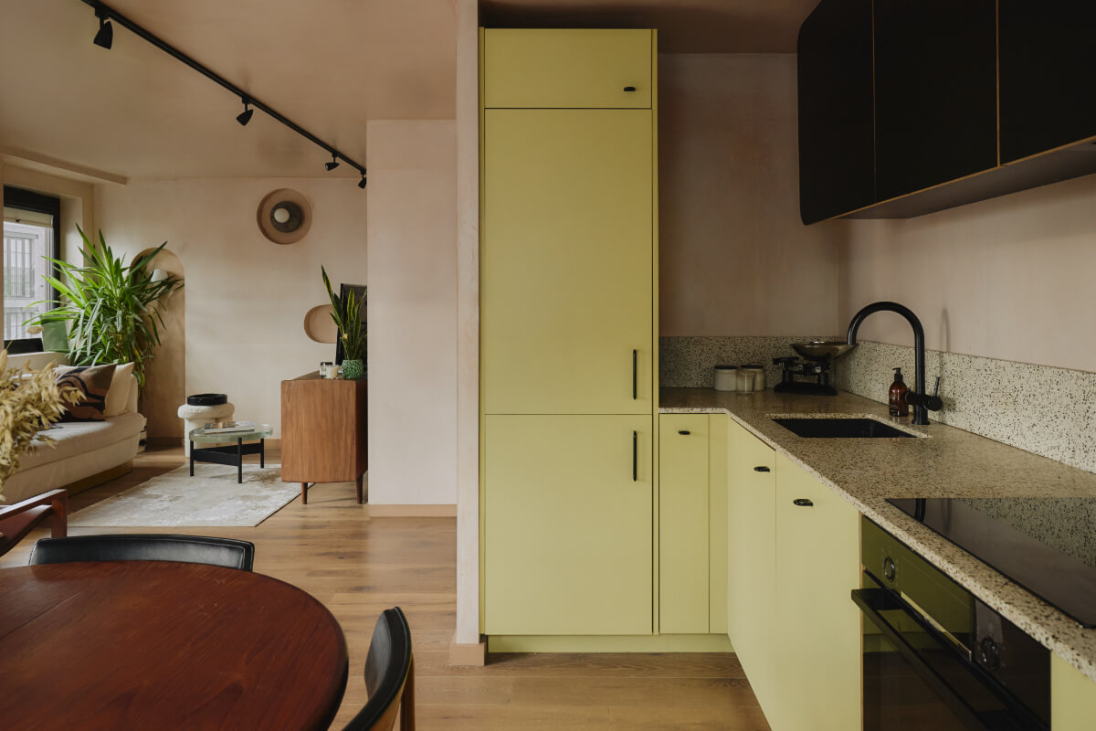 An Elegant Apartment with Plaster Walls and a Winter Garden 10 open-plan kitchen living room