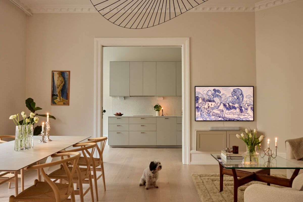 An Elegant Apartment with Period Features and Contemporary Elements 1 open-plan living room and kitchen beige walls
