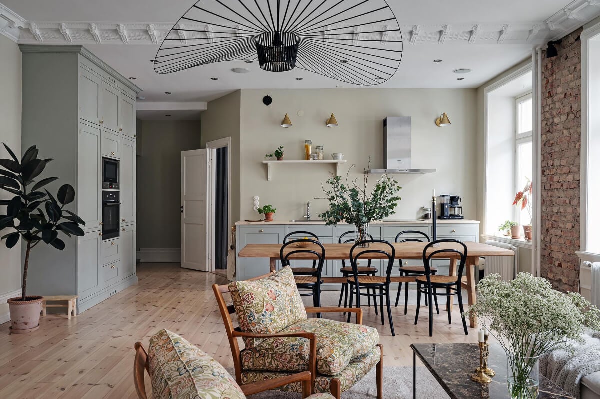 A Swedish Apartment with an Open Living Space and Period Features 7 open plan living room kitchen