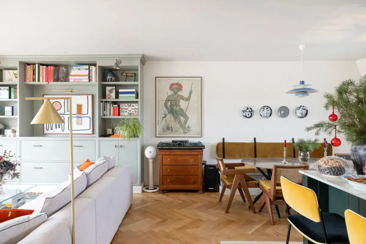 A Beautiful Duplex Apartment in a Notting Hill Townhouse 8 open plan living space herringbone floor dining table
