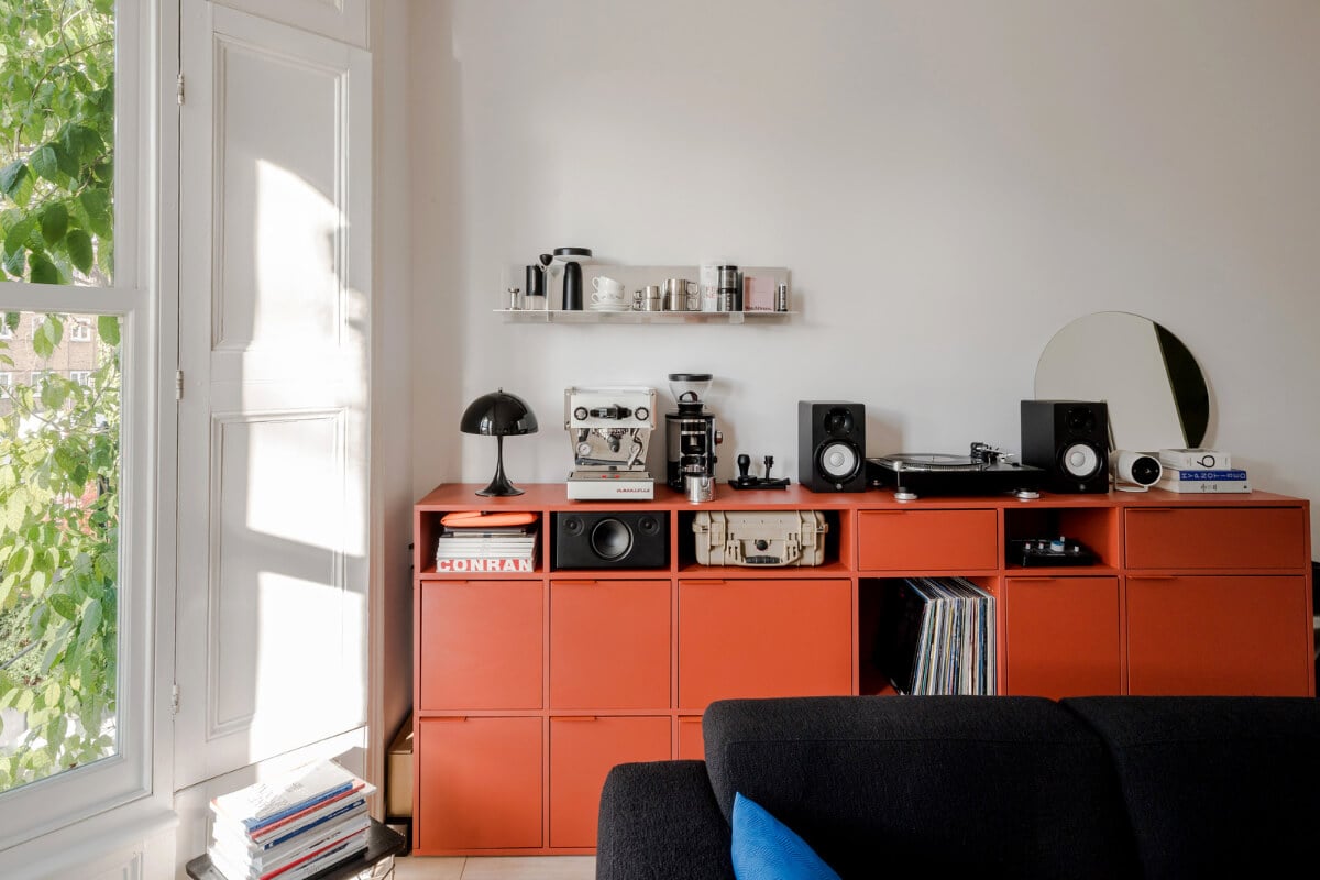A Modern Apartment in a London Victorian House 4 orange red living room cabinet