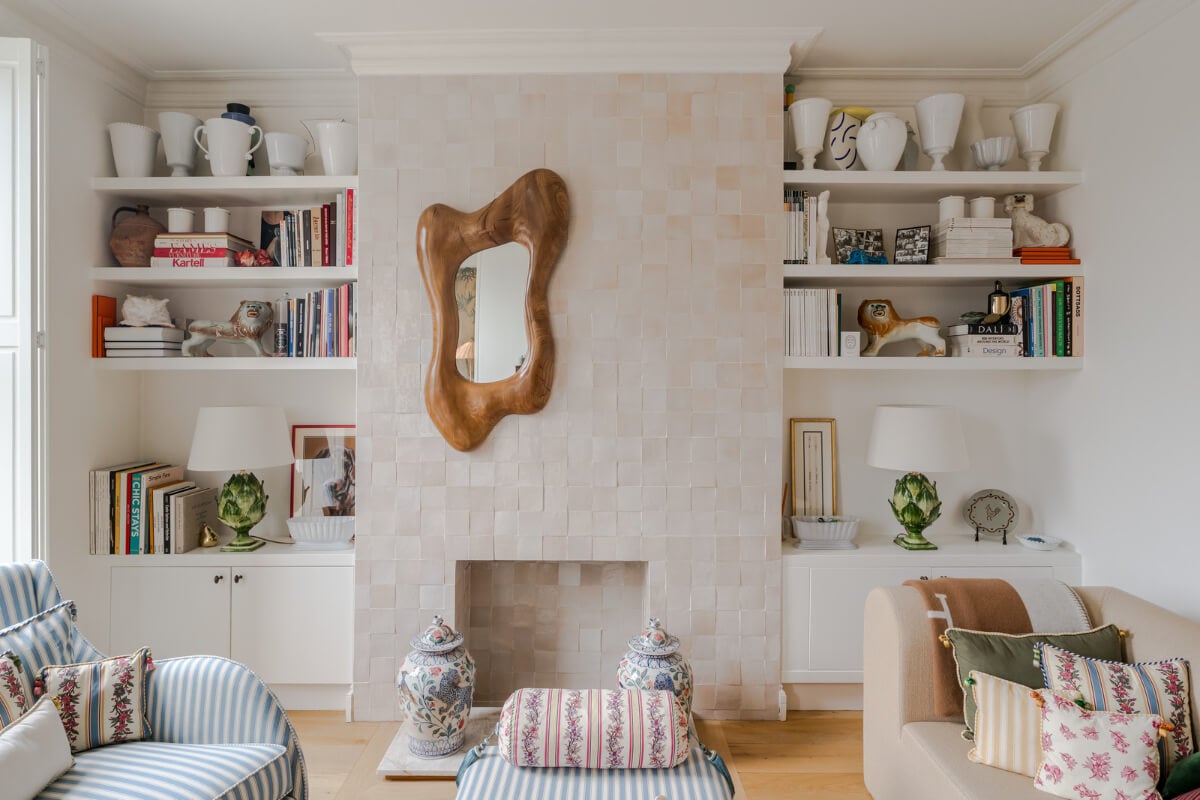Cozy Contemporary Spaces in a Light-Filled Victorian Apartment 5 pink zellige tiles fireplace mantel
