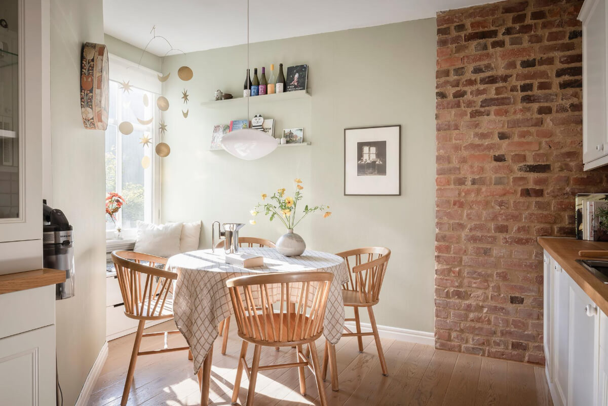 Bright Rooms with Light Color Tones in a Swedish Apartment 14 round kitchen table window seat shelves