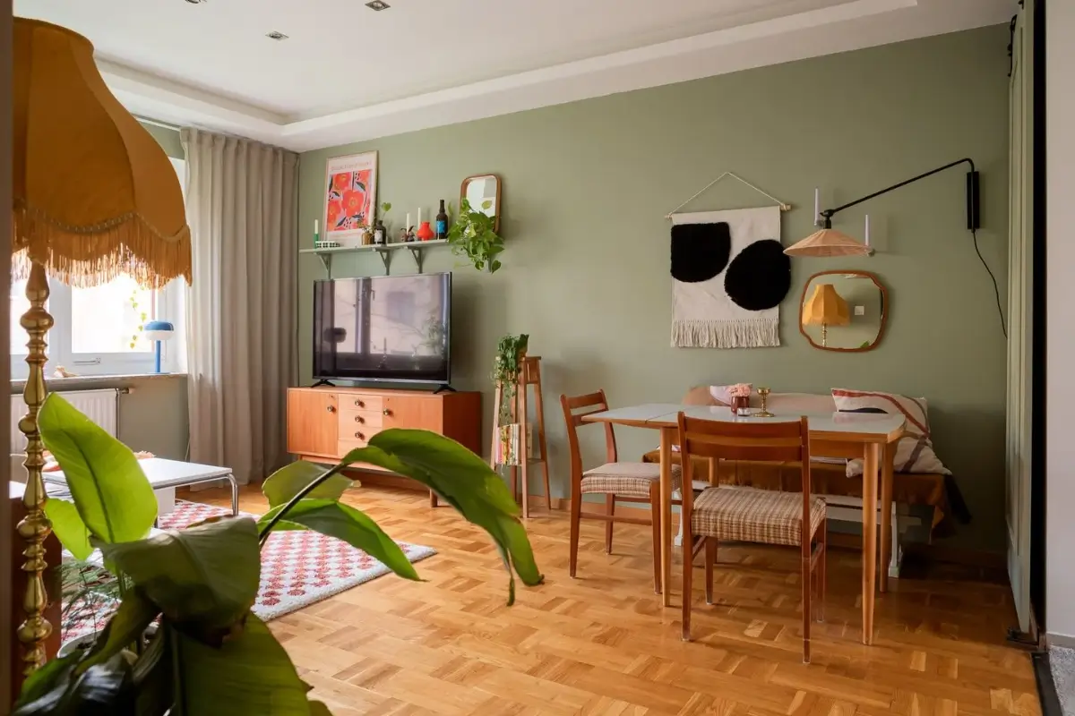 A Swedish Apartment with a Dutch Parquet Floor and Terracotta Bedroom 1 sage green living room dutch parquet floor