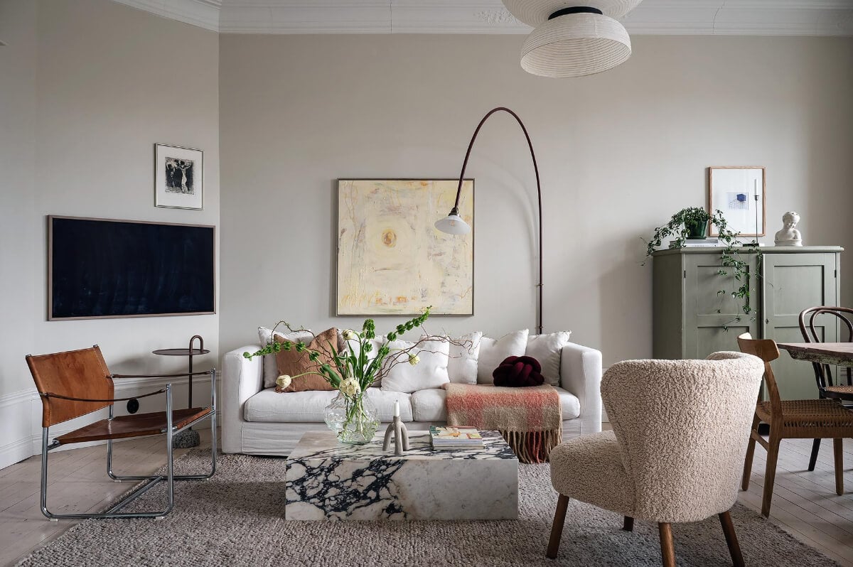 Period Features and Modern Materials in a Swedish Apartment 4 scandi living room